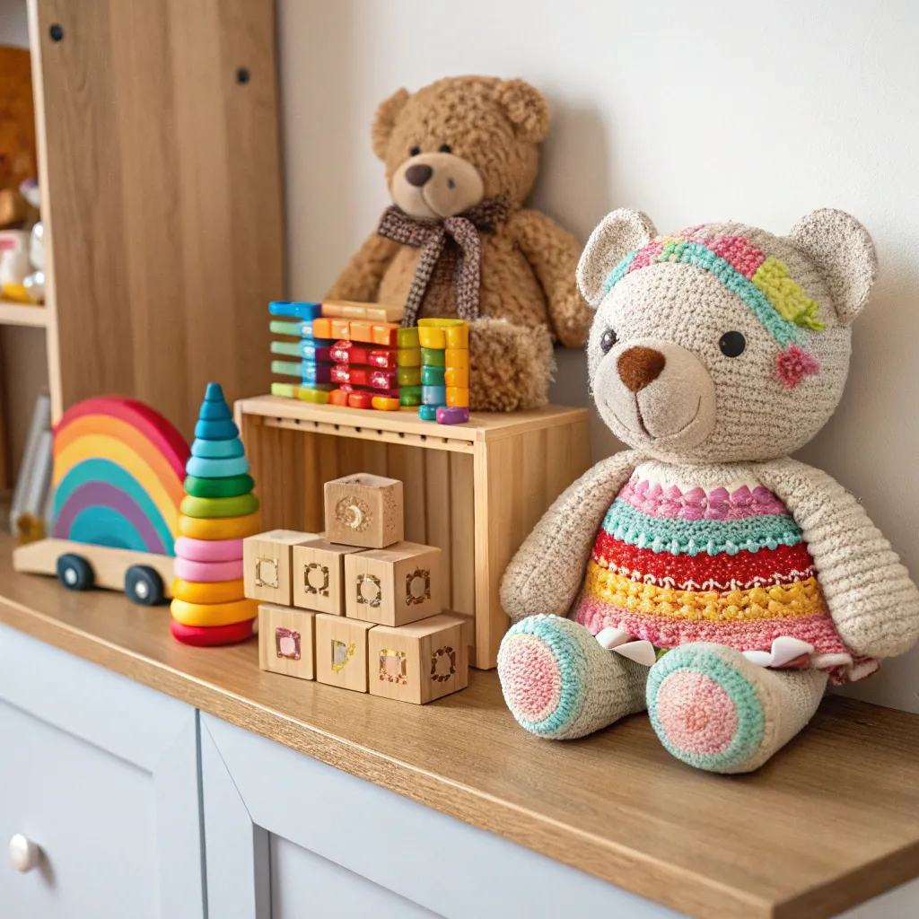 A selection of colorful handmade toys neatly arranged